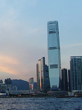Sky100 observation deck view of Hong Kong skyline and Victoria Harbour.