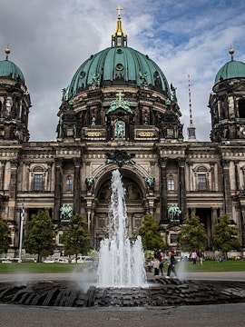 Berlin Cathedral facade with ornate architecture, showcasing historical significance in Berlin attractions.