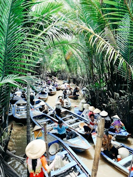 Mekong Delta boat tour with lush greenery and traditional Vietnamese boats.