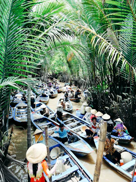 Mekong Delta boat tour with lush greenery and traditional Vietnamese boats.