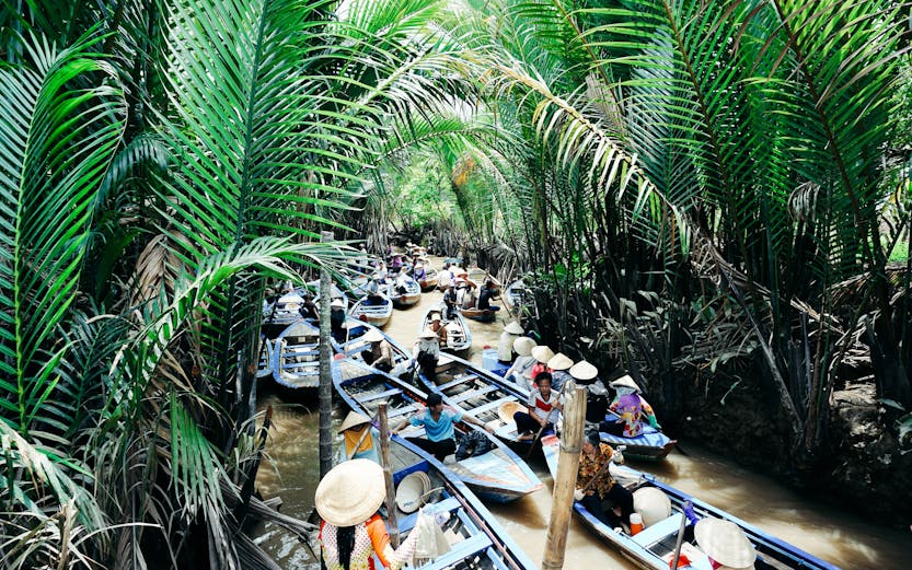Mekong Delta boat tour with lush greenery and traditional Vietnamese boats.