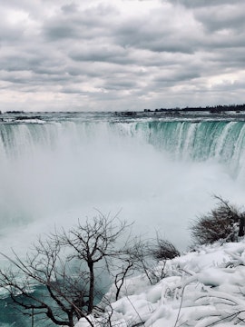 Niagara Falls view from Canada side with mist rising and surrounding lush greenery.