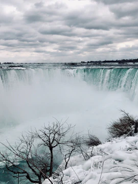 Niagara Falls view from Canada side with mist rising and surrounding lush greenery.