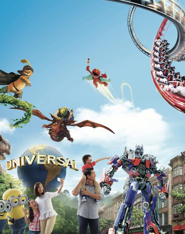 Universal Studios Singapore entrance with iconic globe and visitors exploring the theme park.