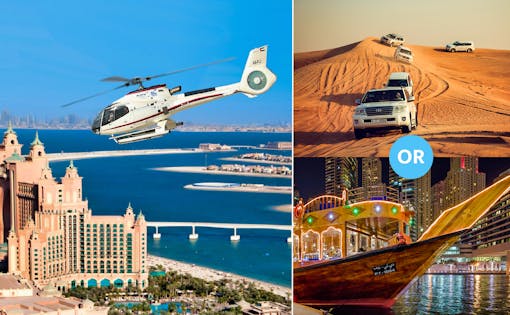 15 Minutes Luxury Helicopter Tour with Free Al Maha Desert Safari OR Dhow Dinner Cruise (Dubai Creek)