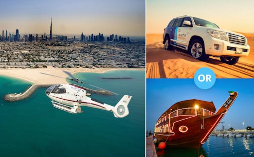 25 Minutes Luxury Helicopter Tour with Free Al Maha Desert Safari OR Dhow Dinner Cruise (Dubai Creek)