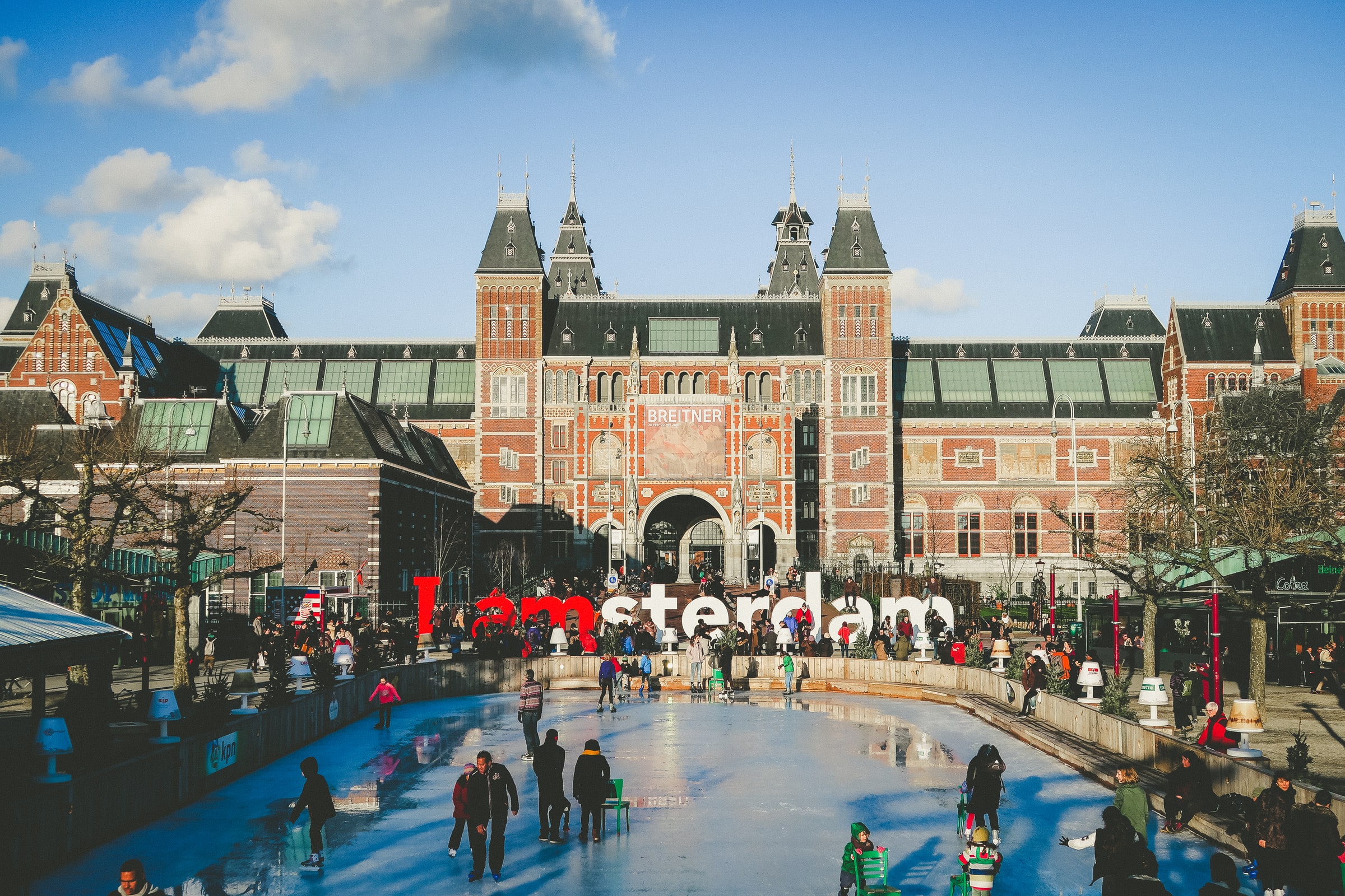 Rijksmuseum with "I amsterdam" sign and ice rink, Amsterdam.