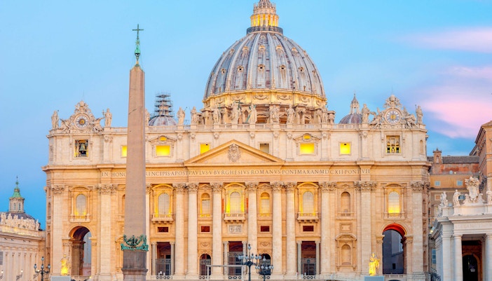 St. Peter's Basilica exterior view, Vatican City, ideal for a weekend in Rome.