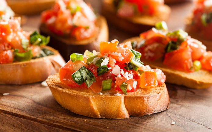 Bruschetta with tomatoes and basil served at a Dubai Mall restaurant.