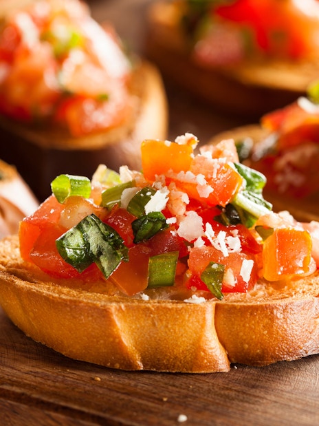 Bruschetta with tomatoes and basil served at a Dubai Mall restaurant.