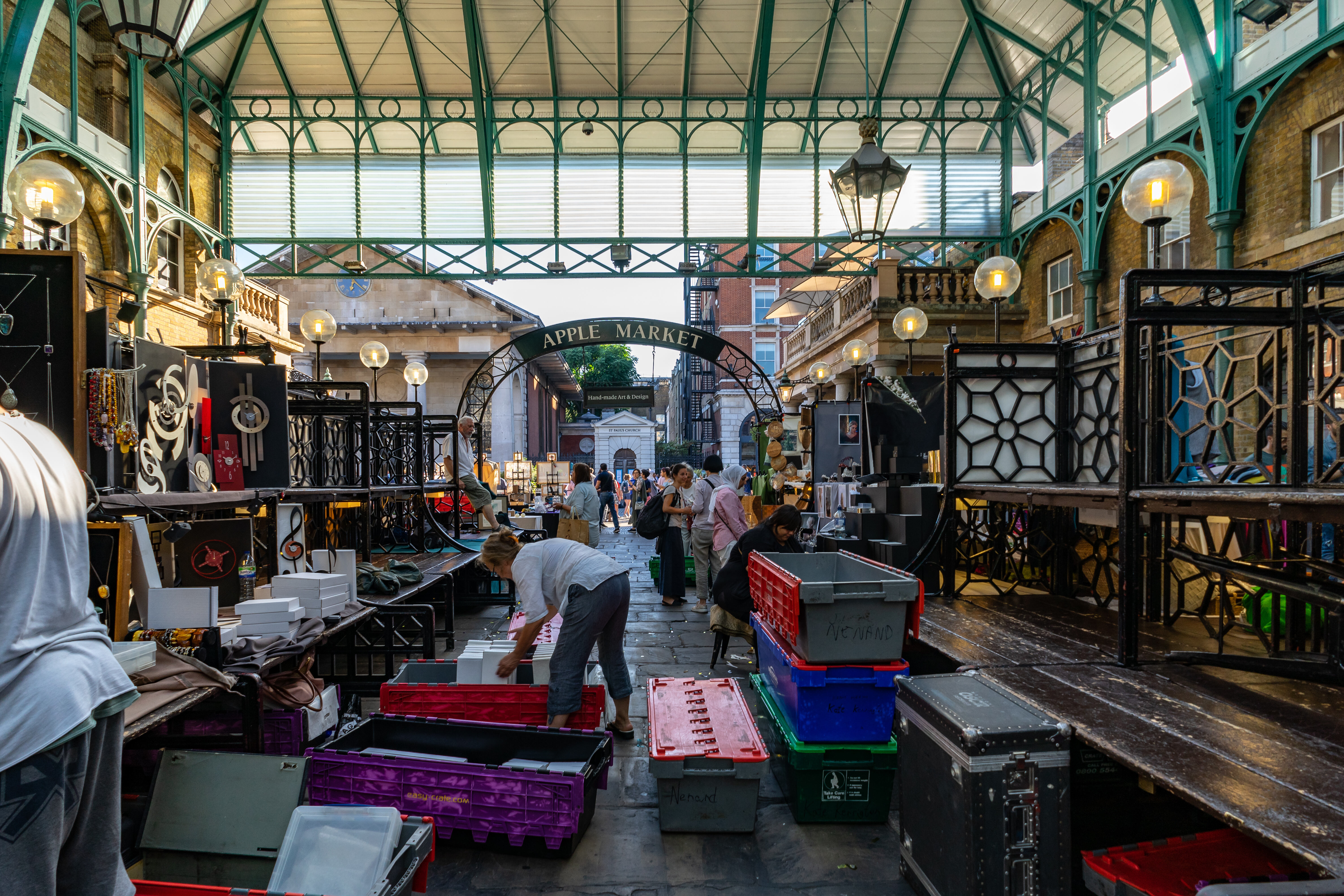 Apple Market stalls being set up in Covent Garden, London.
