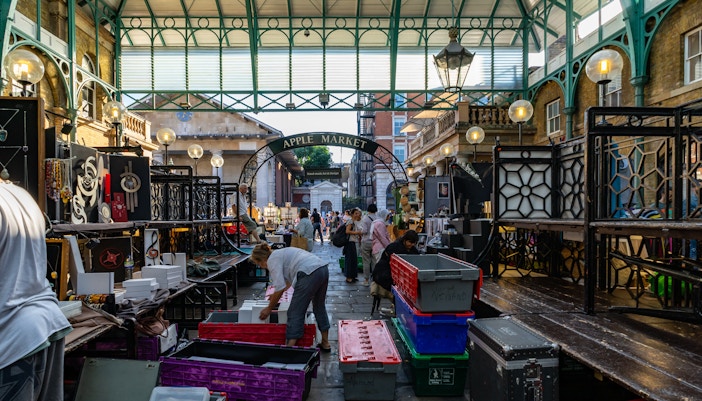 Apple Market stalls being set up in Covent Garden, London.