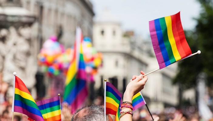 People celebrating London Pride parade with colorful flags and banners in July.
