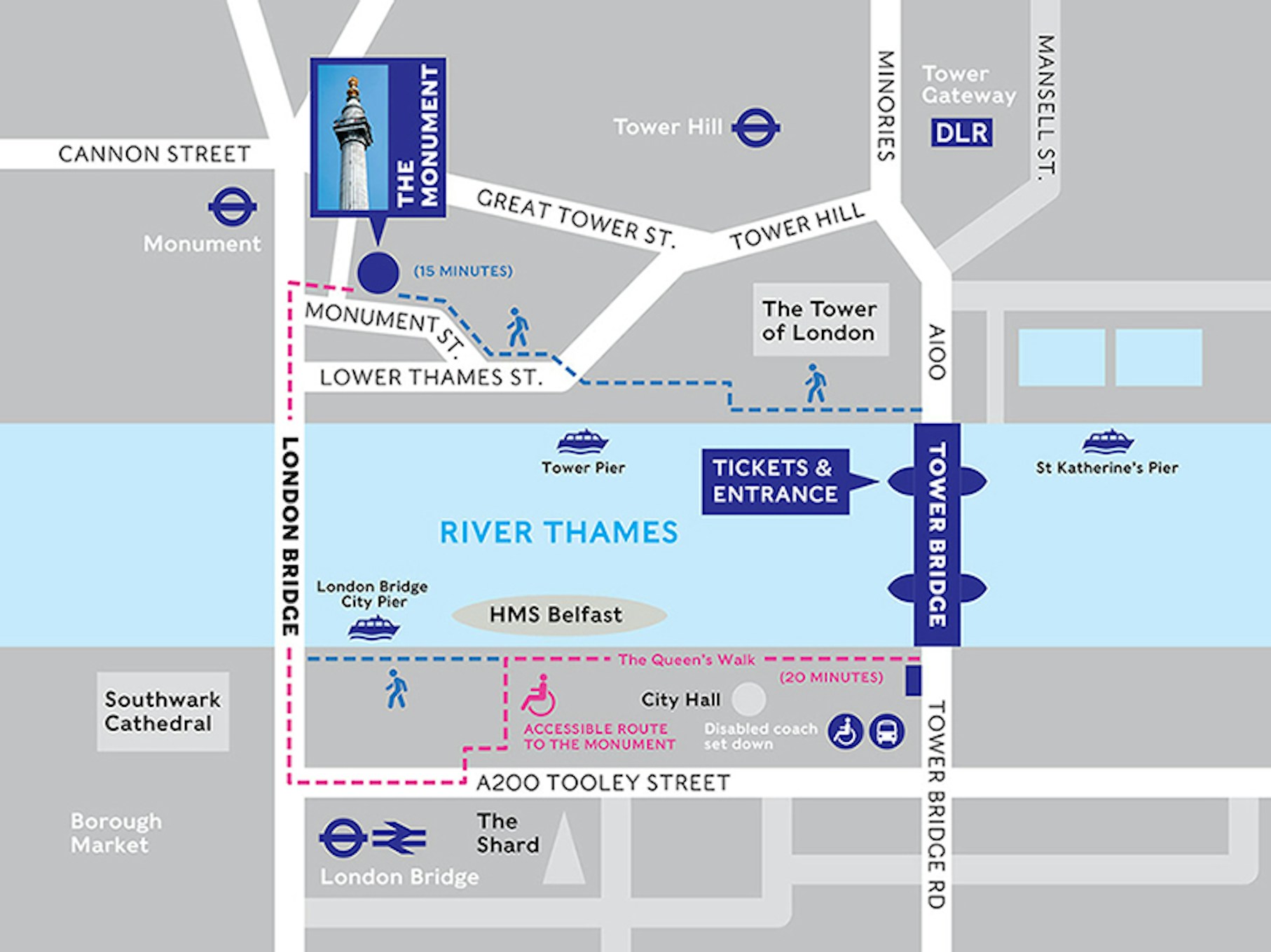 Map showing Tower Bridge, River Thames, and nearby attractions in London, including The Monument and Tower of London.