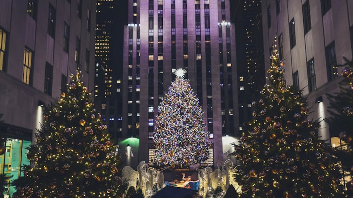Rockefeller Center Christmas tree with festive lights, New York City, near Top Of The Rock.