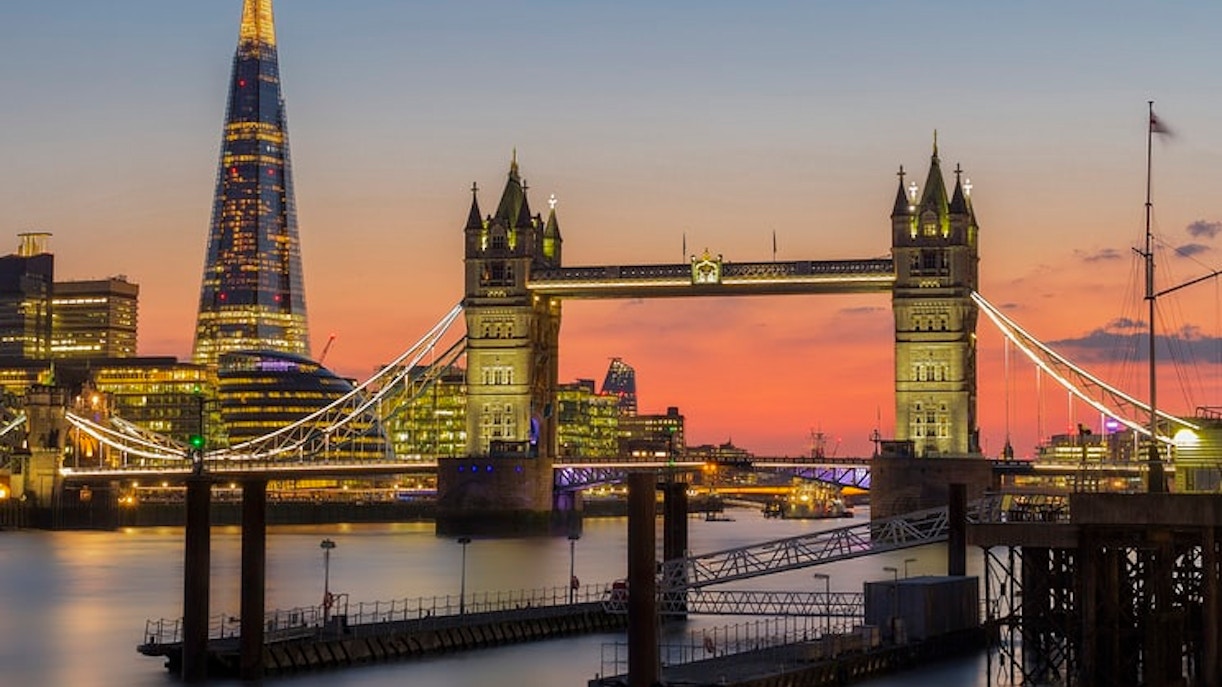 Tower Bridge and The Shard at sunset, London.
