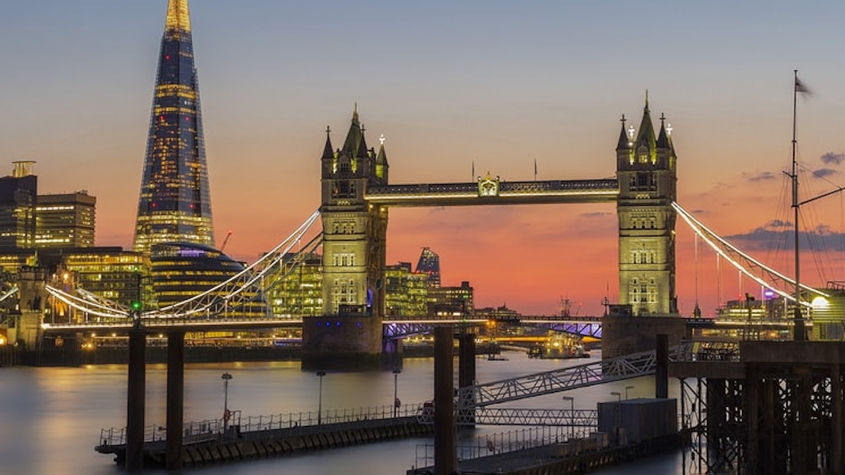 Tower Bridge and The Shard at sunset, London.