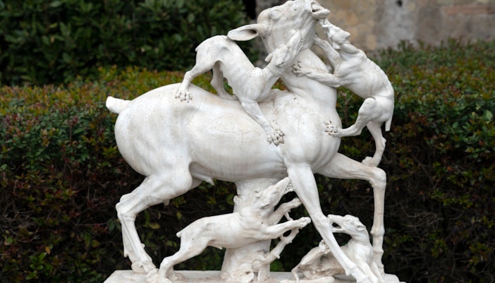 Statue of a deer attacked by dogs at Herculaneum Ruins.