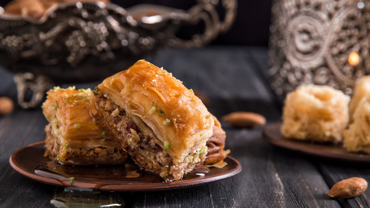 Baklava dessert on a plate in Athens during August.