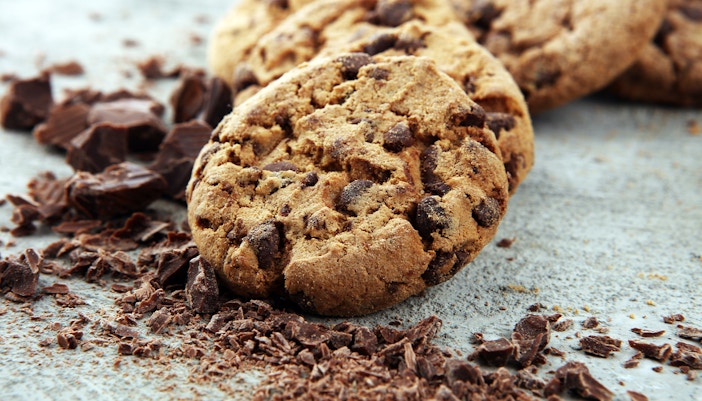 Chocolate chip cookie on a plate, New York bakery treat in July.
