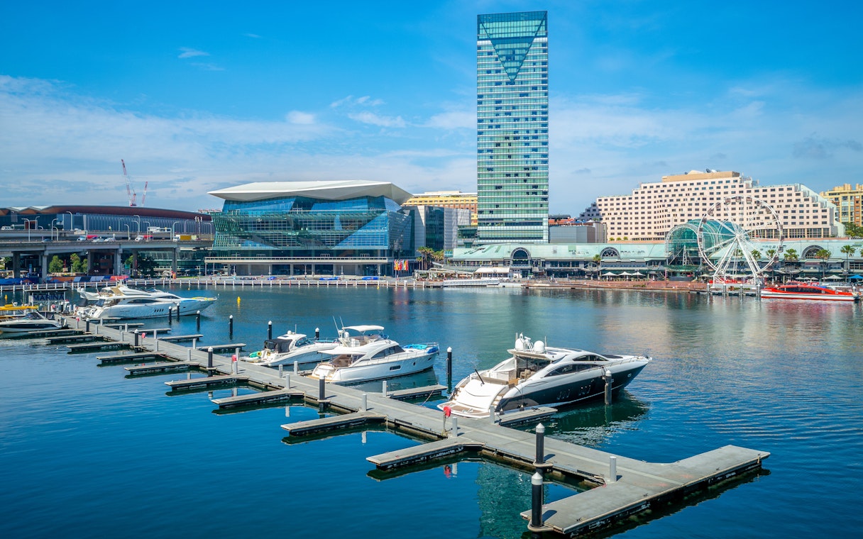 Boats docked at Darling Harbour with Sydney skyline in the background.