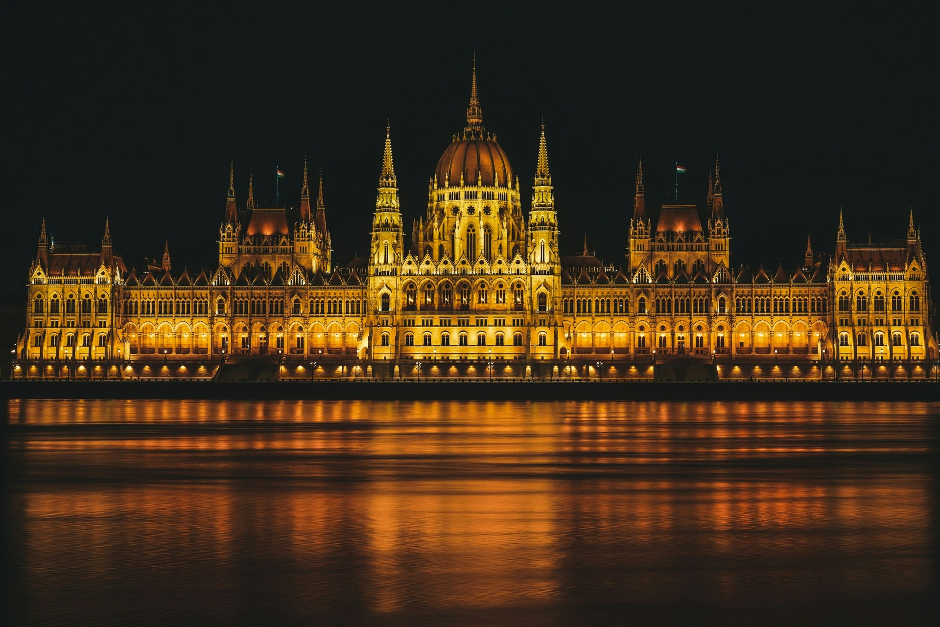 Hungarian Parliament building along the Danube River in Budapest, Hungary.