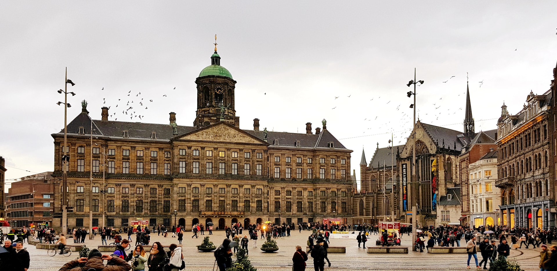 Royal Palace Amsterdam with snow-covered Dam Square in February