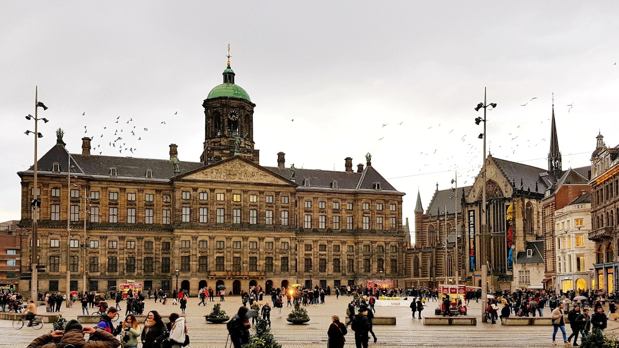 Royal Palace Amsterdam with snow-covered Dam Square in February