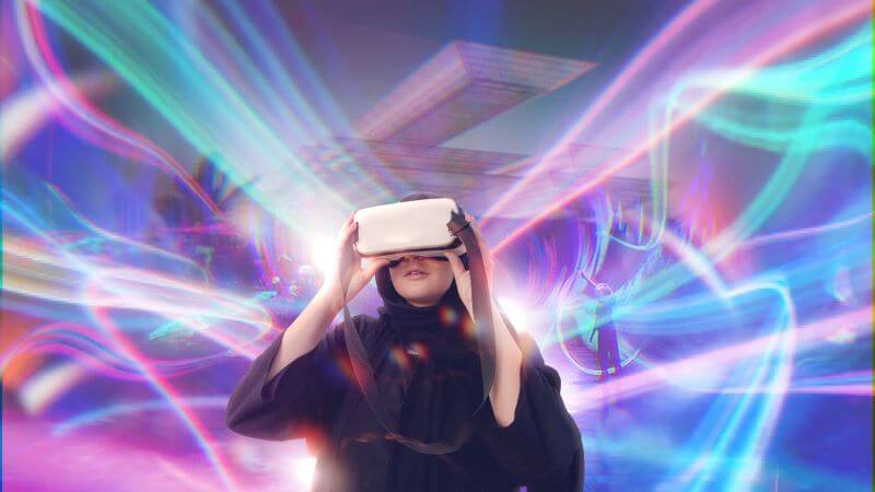 Virtual reality experience in Dubai with vibrant digital effects.