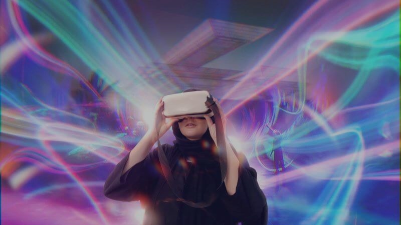 Virtual reality experience in Dubai with vibrant digital effects.