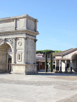 Cinecittà Studios set with ancient Roman architecture in Rome, Italy.
