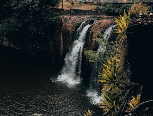 Waterfall at Paronella Park, Cairns, surrounded by lush greenery and viewing platform.