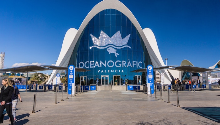 Oceanografic Valencia aquarium exterior with futuristic architecture in Valencia, Spain.