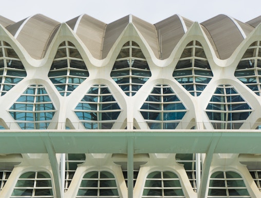 Príncep Felipe Science Museum facade with geometric windows in Valencia, Spain.