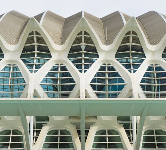 Príncep Felipe Science Museum facade with geometric windows in Valencia, Spain.