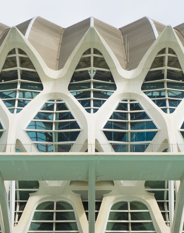 Príncep Felipe Science Museum facade with geometric windows in Valencia, Spain.