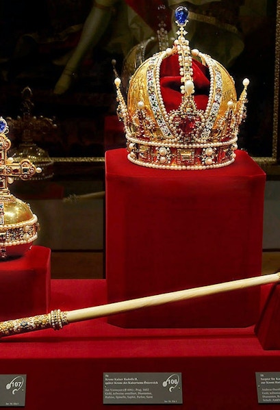 Crown, orb, and scepter displayed at Imperial Treasury Vienna.