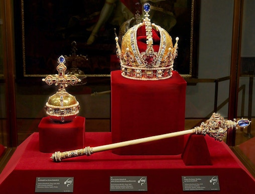 Crown, orb, and scepter displayed at Imperial Treasury Vienna.