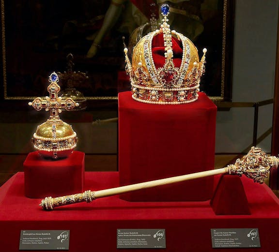 Crown, orb, and scepter displayed at Imperial Treasury Vienna.