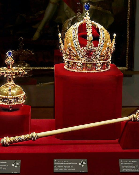 Crown, orb, and scepter displayed at Imperial Treasury Vienna.