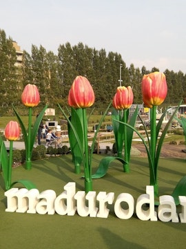 Madurodam Miniature Park entrance with large tulip sculptures, The Hague.