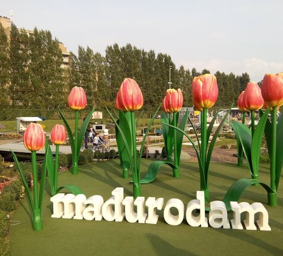 Madurodam Miniature Park entrance with large tulip sculptures, The Hague.