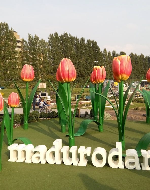 Madurodam Miniature Park entrance with large tulip sculptures, The Hague.