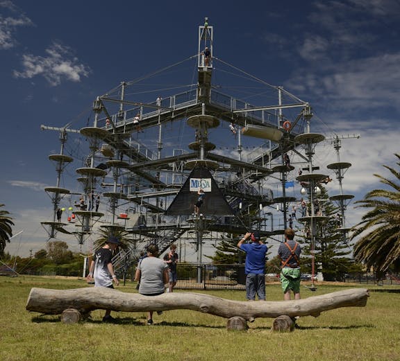 Adventure park ropes course with visitors in Adelaide, Australia.