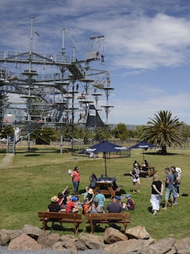Mega Adventure Park ropes course in Adelaide with visitors enjoying outdoor activities.