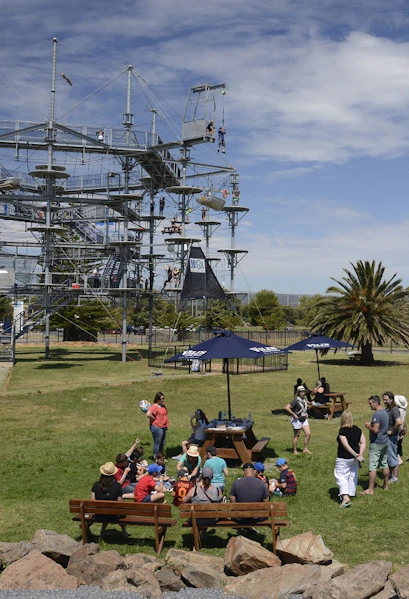 Mega Adventure Park ropes course in Adelaide with visitors enjoying outdoor activities.