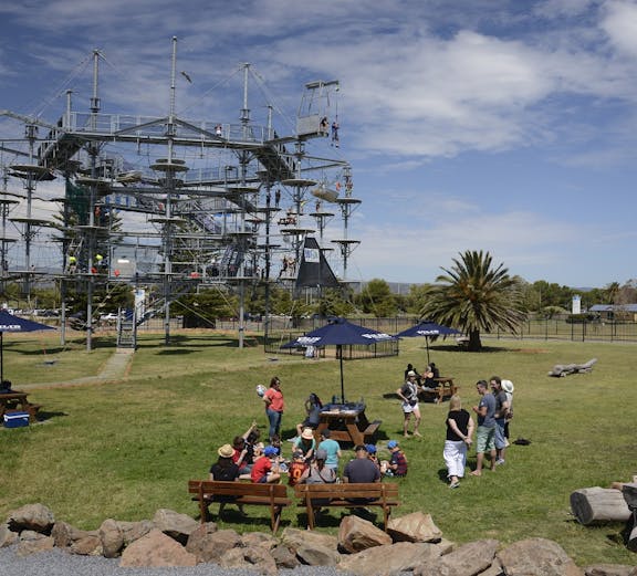 Mega Adventure Park ropes course in Adelaide with visitors enjoying outdoor activities.
