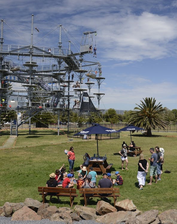Mega Adventure Park ropes course in Adelaide with visitors enjoying outdoor activities.