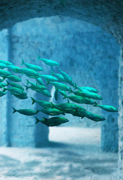 School of fish swimming through stone arches at Atlantis Aquarium Madrid.