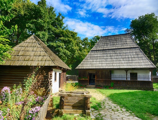 Traditional wooden houses at Dimitrie Gusti National Village Museum, Bucharest.